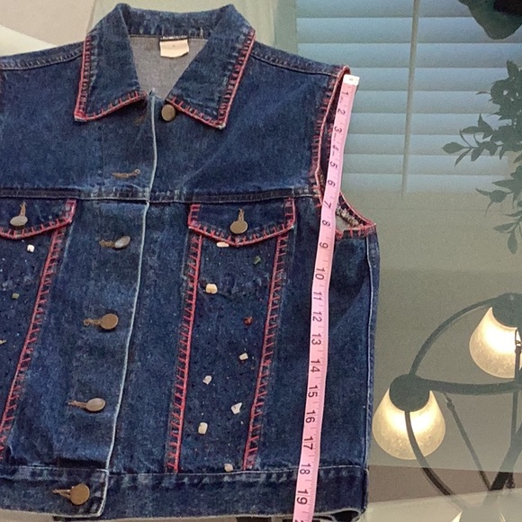 Cejon Jeans Jacket sz M Sleeveless Embellished Denim Vest Red Stitching EUC cute - Picture 11 of 17
